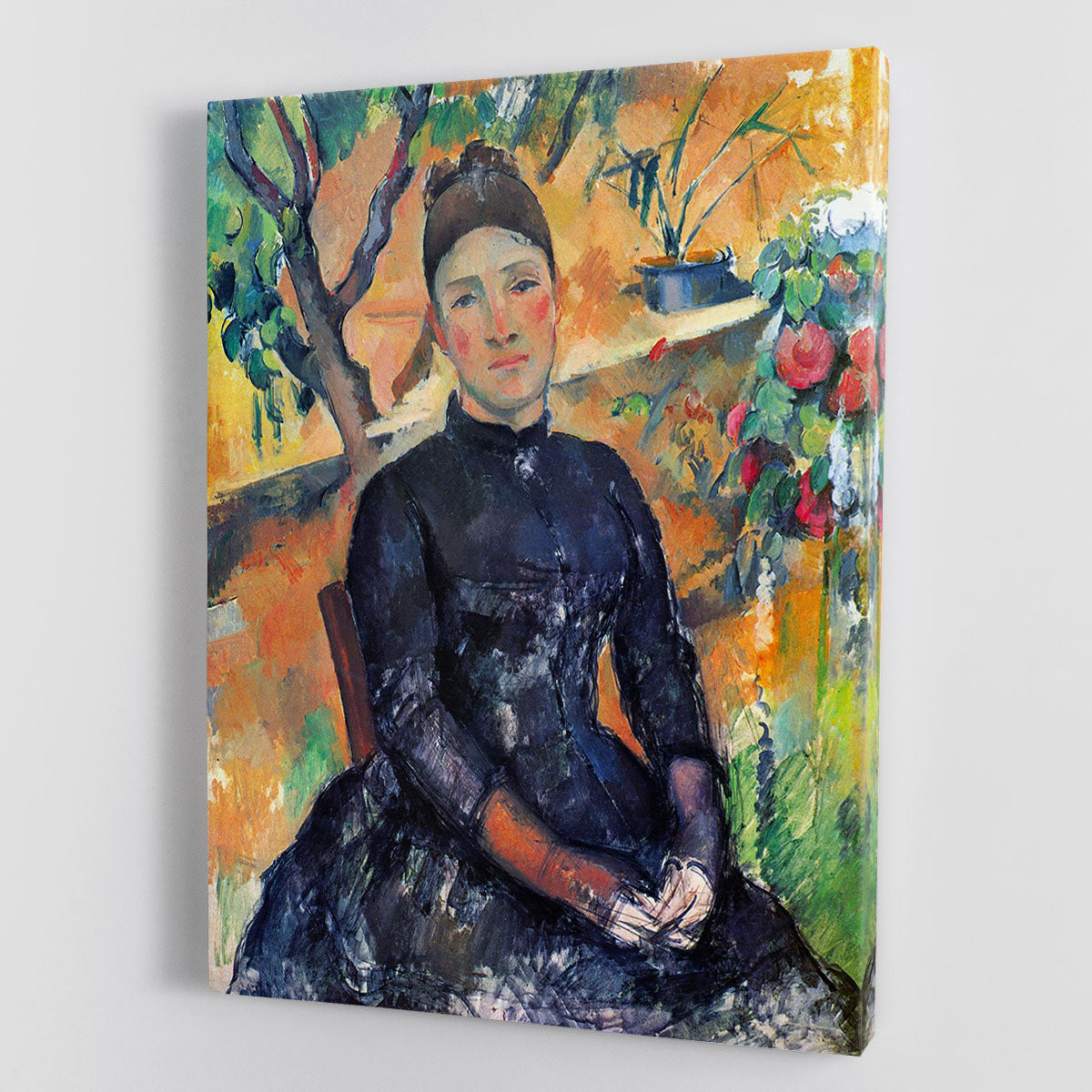 Canvas print of Cezanne's 'Portrait of Mme Çzanne in the Greenhouse', showcasing vibrant colors and intricate details.